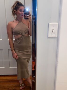 Halter Knot Midi Dress in Tan